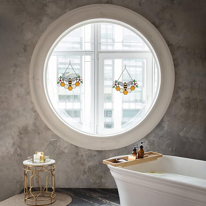 Bee Decor Stained Glass Window Hanging,Honeybee Honeycomb with Flowers Suncatcher for Window,Wall Art Ornaments,Birthday Gifts for Women,Friends,Housewarming Gift