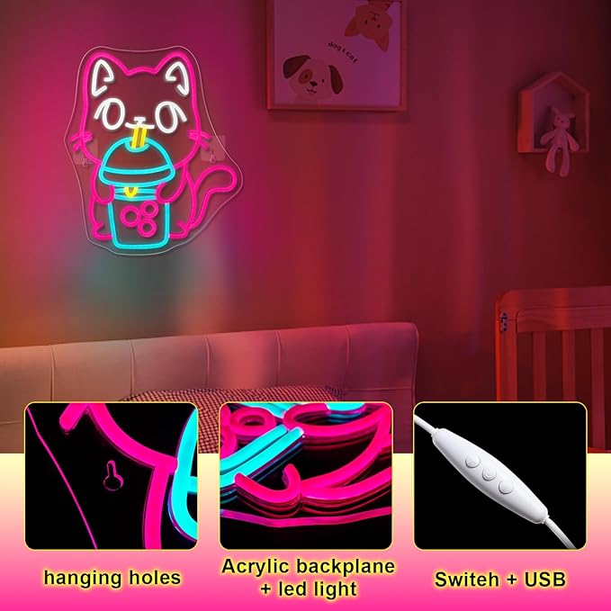 Cat Boba Tea Neon Sign,Cute Pink Kitty Bubble Tea Neon Signs for Wall Decor,Dimmable LED Neon Light Bar Sign,USB Light Up Signs for Kids Bedroom Dimsum Store Cofes Bar Milk Tea Shop