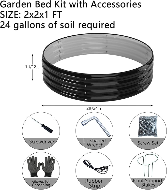 Galvanized Metal Planter Round Raised Garden Bed Kit for Gardening Outdoor，2x2x1ft 2pc Grow Garden Box Raised Flower Bed，Round Galvanized Planter Outdoor Metal Fire Pit Ring Black