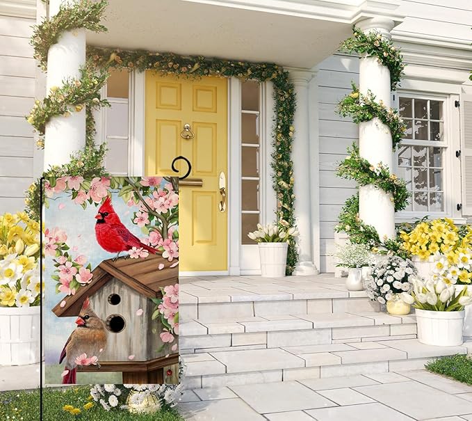BLKWHT Spring Cardinal Bird Garden Flag 12x18 Vertical Double Sided Pink Flowers Tree Summer Farmhouse Holiday Outside Decorations Burlap Yard Flag BW792