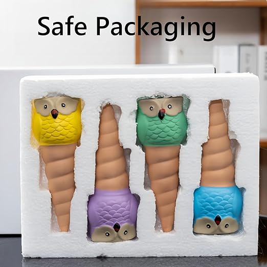 4 Pack Plant Watering Devices, Animal Shape Terracotta Watering Spikes, Vacation Self Watering Planter Insert, Automatic Plant Waterer for Indoor Outdoor Plants (Owl-Grey Eye)