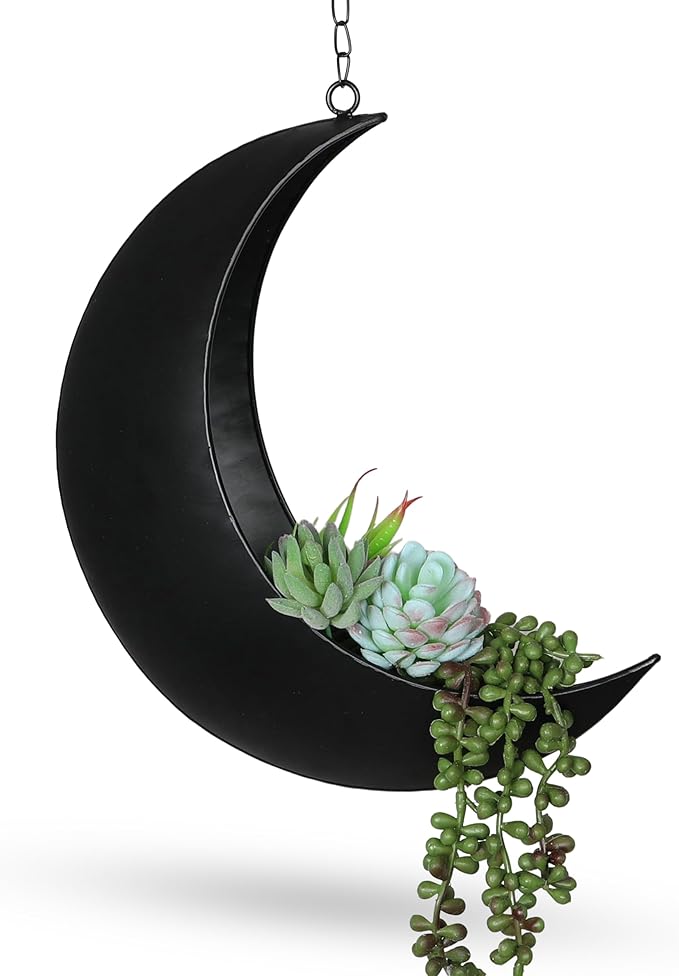 Black Hanging Moon Planter with Drain Holes - Moon Room Decor - Unique Planters for Succulents,Air Plant, Cactus, Artificial Plants- Plant Lover Gifts - Boho,Hippie, Birthdays,Witchy Gifts for Women