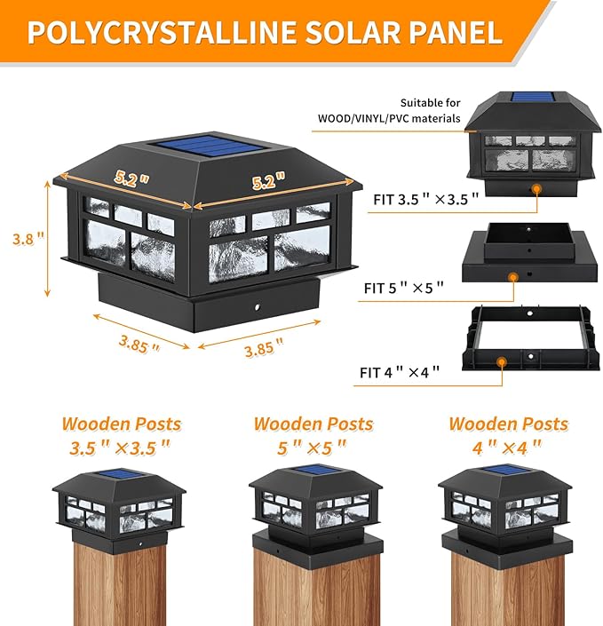 Solar Post Cap Lights Outdoor, 20LM Fence Post Cap Lights, 3.5x3.5 4x4 5x5 Inch Wooden Post Solar Lights Waterproof, Deck Lights Solar Powered for Garden Deck Patio Decoration(Black 2 Packs)