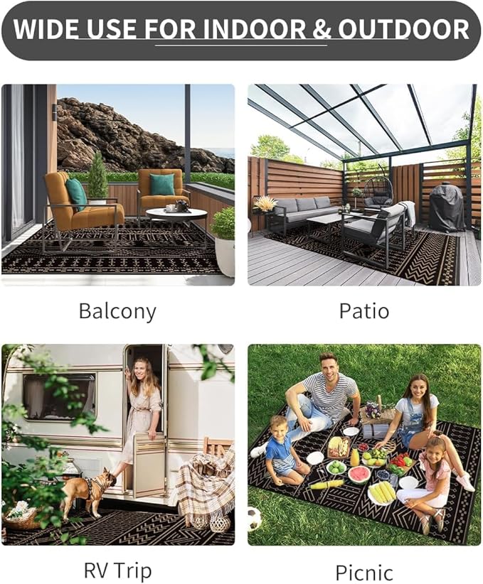 COCOER Outdoor Rug Carpet Waterproof 9x12 ft Patio Rug Mat Indoor Outdoor Area Rug for RV Camping Picnic Reversible Lightweight Plastic Straw Outside Rug for Patio Decor Decoration Boho Rug