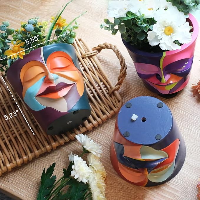 GUGUGO Abstract Rainbow Head Planter, Graffiti Face Planters Pots with Drainage, Flower Plant Pots for Indoor Plants, Unique Funny Pots for Plant Lover Gifts