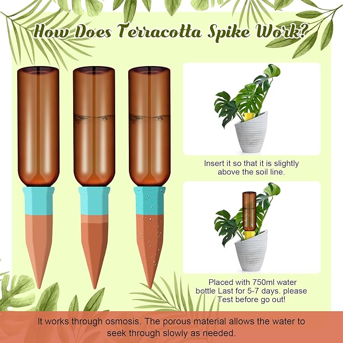 6 Sets Plant Watering Devices Include Terracotta Self Watering Spikes and 26 oz Plastic Bottles, Slow Release Vacation Insert Automatic Plant Waterer Device (Brown and Mixed Color)