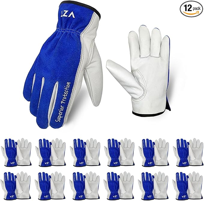 12 Pairs Bulk Leather Work Gloves for Men or Women for Construction, Wood cutting, Driving, Gardening, Automotive Repair, Soft, Cowhide, Class 4 Abrasion Resistant, Blue-White, XXL.