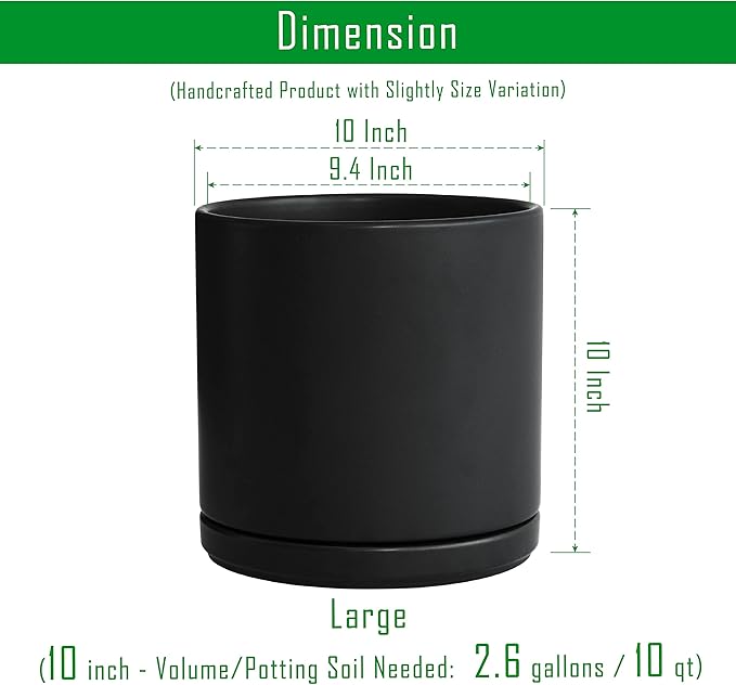 D'vine Dev 10 Inch Ceramic Planter Pot with Drainage Hole and Saucer, Indoor Cylinder Round Planter Pot, Black, 94-O-E-2