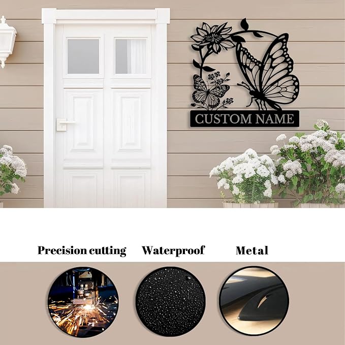 Custom Butterfly Metal Sign,Personalized Butterfly House Number Signs,Personalized Gardener Name Sign,Garden Patio Wall Decor (Style-5)