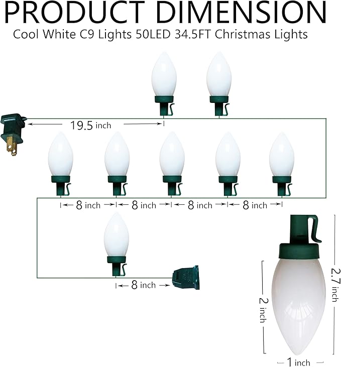 C9 Christmas Lights Outdoor 50 LED Cool White Strawberry 34.5ft Waterproof Xmas String Light for Garden Yard Home Party Holiday Christmas Tree Indoor Decoration(Cool White)