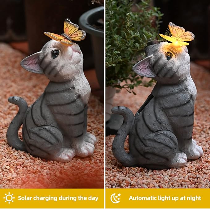 Cat Garden Figurines Outdoor Decor Solar Statue with LED Lights for Patio Lawn Yard Art Decoration Housewarming Garden Gift