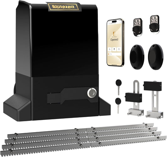 Blütezeit 1800lb WiFi Sliding Gate Opener Smart App Control, 1/2HP Automatic Slide Gate Motor Rack Driven with 2 Remote Controls & IR Sensor Complete Hardware Kits for Driveway Gates Up to 40ft