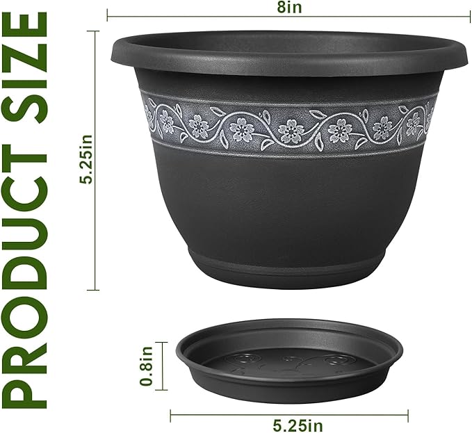 8 Inch Plant Pots with Drainage Hole - Lightweight Flower Pots for Herbs and Flowers - Home Decor Plastic Planters for Indoor Outdoor Plants- Pack of 6 (Black, 8 inch)