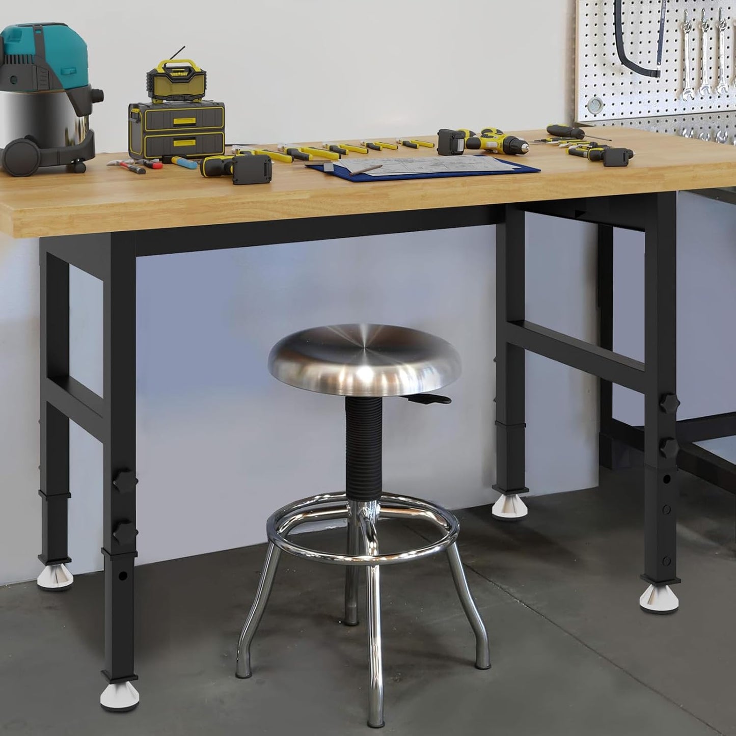 60'' Adjustable Workbench Table, Metal Tool Bench Work Bench for Garage, Large Load Capacity Workshop Table for Office,Workshop,Home, Easy Assembly