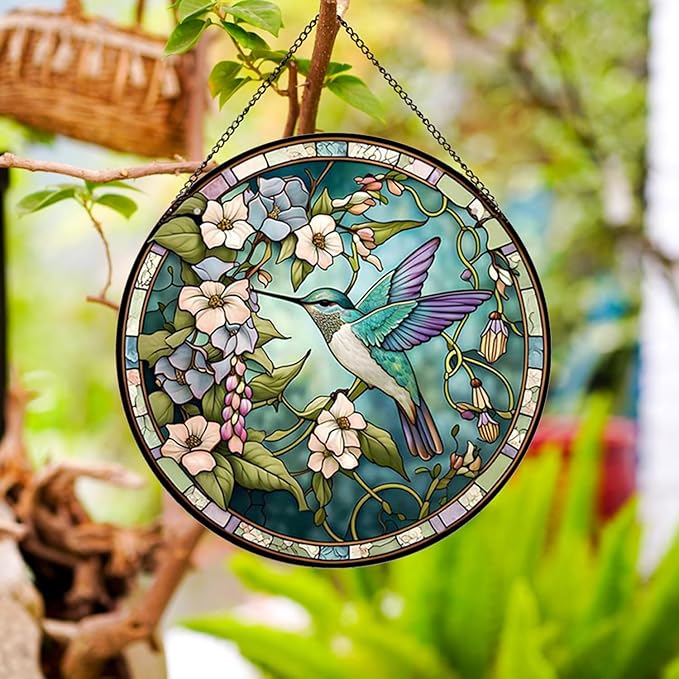 Hummingbirds and Flowers Pattern Stained Glass Suncatchers for Windows,Hanging Stained Glass Suncatcher,20cm/7.87inch Hand-Painted Sun Catcher Garden Painted Glass Panel Decor Themed Gift