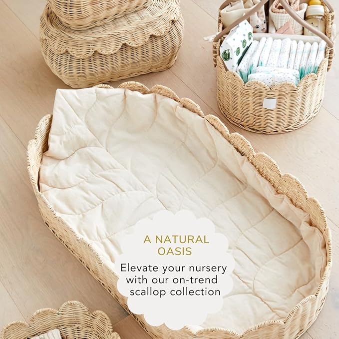 BEBE BASK The Original Scalloped Basket Set Of 2 – Small Scallop Basket - 15 x 10 x 6 In - Hand-Woven & Award-Winning - Elegant Wicker With Scalloped Edge Lid - Nursery Storage - (Natural)