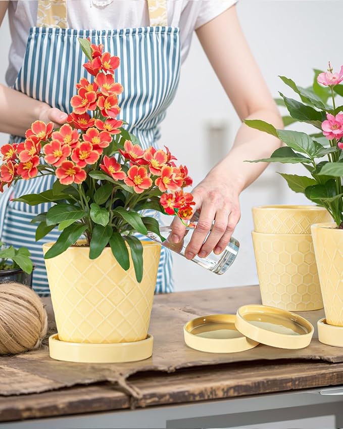 Ceramic Plant Pots –5 inch Indoor Flower Pot with Drainage Hole and Ceramic Tray - Gardening Home Desktop Office Windowsill Decoration Gift, Set of 4-Plants NOT Included(Yellow)