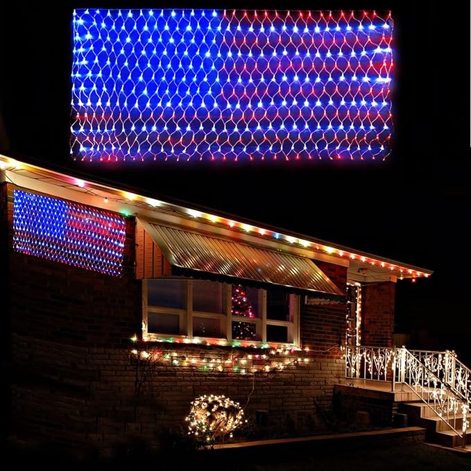 MUYUN American Flag String Lights, 420 LED USA Flag Net Light Waterproof Patriotic Lights for Party Home Decor July 4th Decorations Independence Day