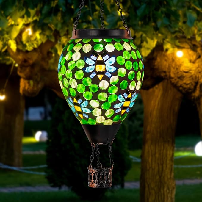 Bee Solar Hot Air Balloon Lantern Outdoor Waterproof, Green Mosaic Glass Hanging Solar Lantern Lights, Outdoor Hanging Lights for Patio Yard Garden Gift for Mom Grandma Women