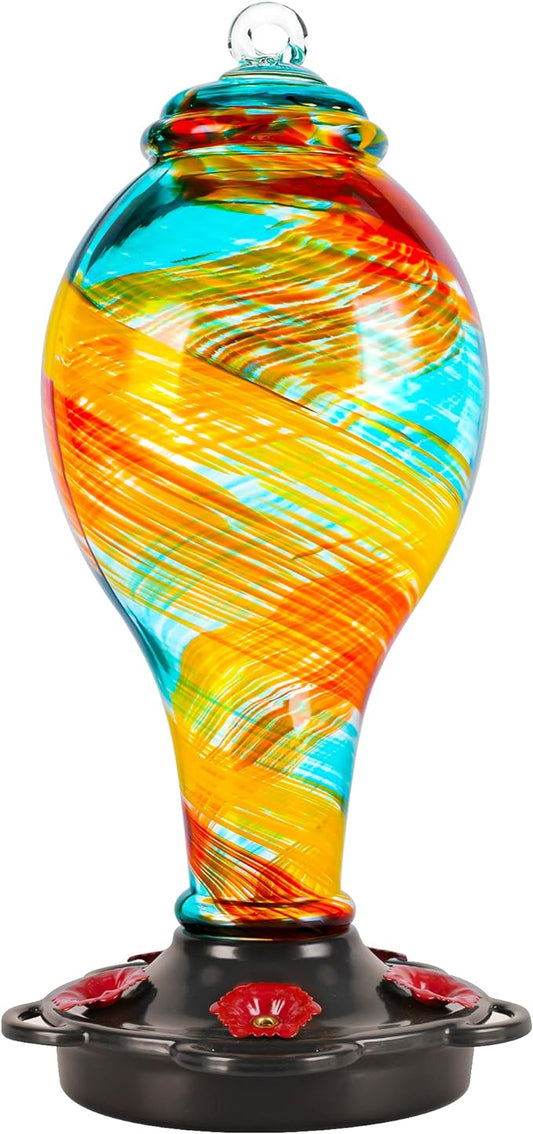 LUJII Hand Blown Glass Hummingbird Feeder for Outdoors Hanging with Ant Moat, 36 fl.oz, Leak Proof & Rustproof, Metal Base with 5 Feeding Ports & 5 Perches, Unique Garden & Backyard Decor (Ribbon)