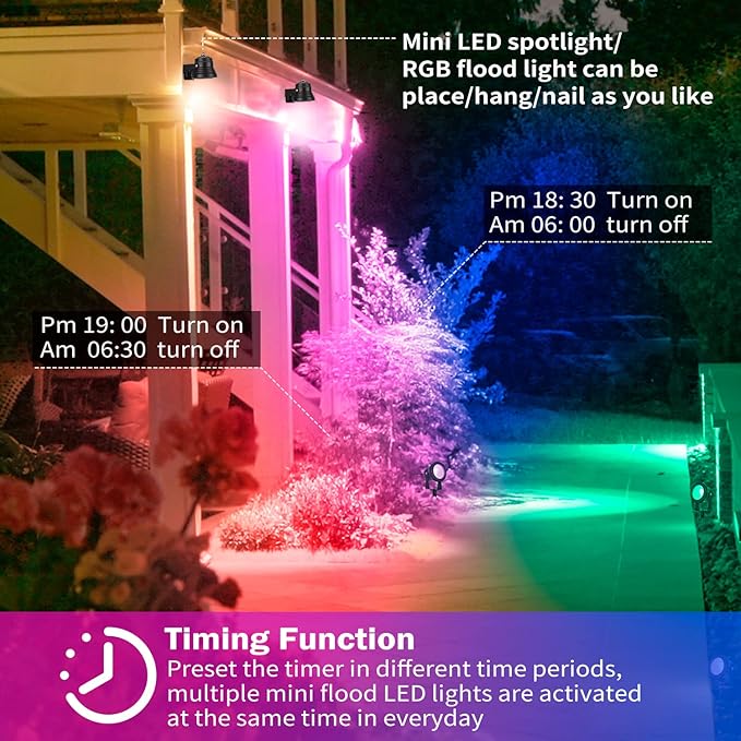 Smart Outdoor Lights,15w Backyard Lights with US Plug,12V APP Control Colored Spotlights with Waterproof,Dimmable Garden Lights with Timer,Outdoo Lights for Yard with Music Sync（NO Remote）