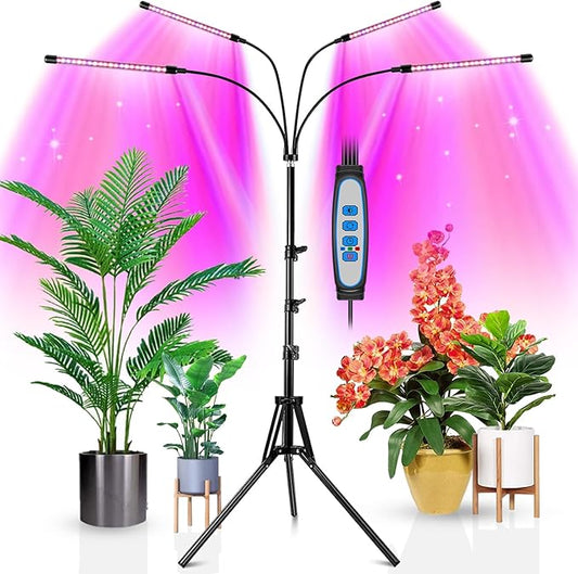 Wolezek Plant Light for Indoor Plants, 4-Head 80 LED Full Spectrum Grow Lights for Seed Starting with 15-61 inches Adjustable Tripod Stand, Red Blue Warm White Floor Grow Lamp with Auto 6/12/16H Timer