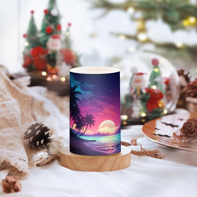 Flickering Flameless Candles, Palm Tree Beach Tropical LED Candles with Remote Timer, Set of 2 Battery Operated Candle for Valentine Wedding Birthday