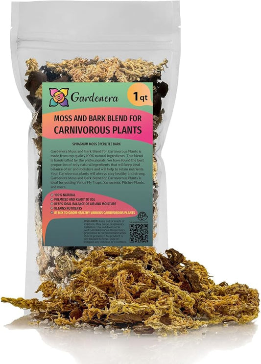 Premium Sphagnum Moss, Perlite and New Zealand Pine Bark Blend for Carnivorous Plants - Perfect for Venus Fly Traps, Pitcher Plants, Sarracenia, Butterworts, and Sundews by GARDENERA - 1 Quart Bag