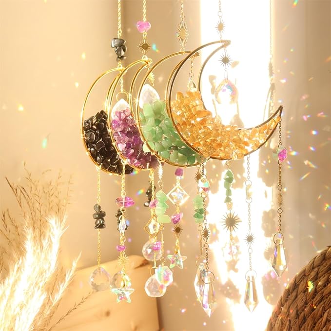 Crystal Suncatcher Hanging Moon Sun Light Catcher with Glass Prisms for Window Natural Green Quartz Decor Home Indoor Making Rainbows