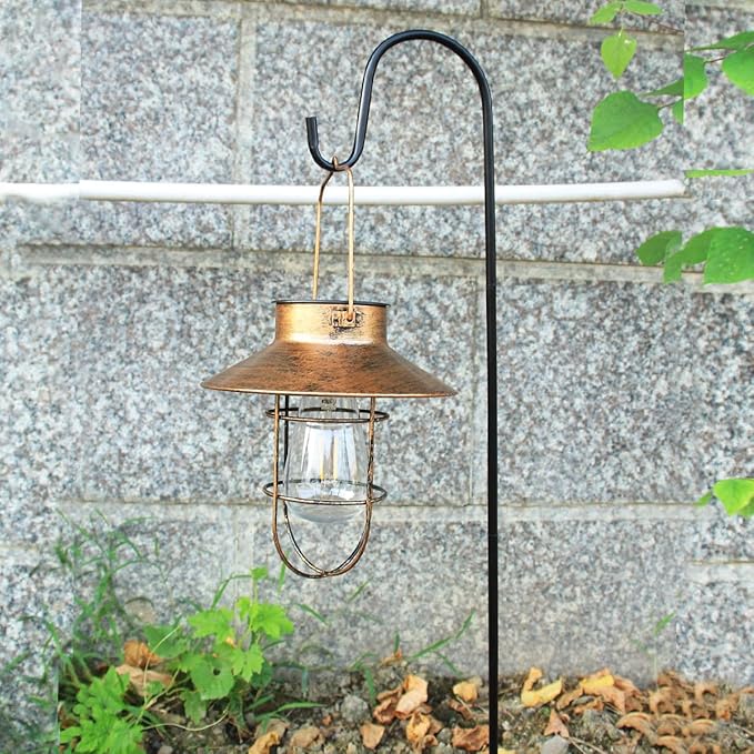 2 Pack Solar Lanterns, Outdoor Hanging Lights Metal with Shepherd Hook Warm White Edison Bulb Design for Garden and Birthday Gifts for Mom Grandma Wife ( Copper)