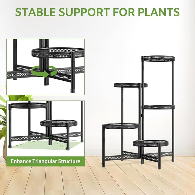 iDavosic.ly 5 Tier Large Plant Stand Indoor with 10-Inch Wide Drainage Tray, Tiered Corner Metal Outdoor Flower Display Holder Shelf, Folding Tall Rack for Patio Porch Balcony, Black Iron Carving