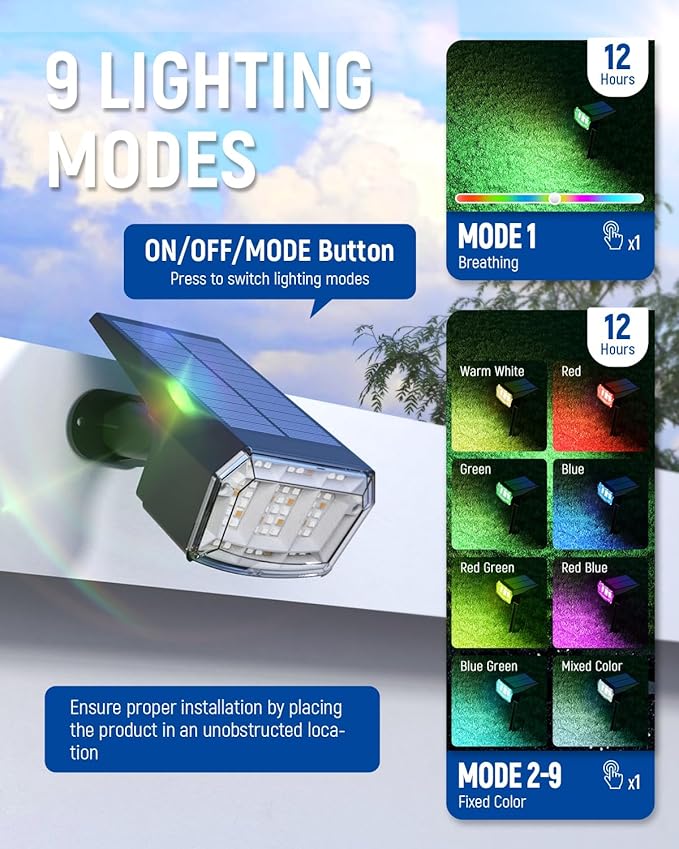 Color Changing Solar Spot Lights Outdoor, 9 Lighting Modes Colored Solar Lights Outdoor RGB, Color Solar Lights Waterproof IP65, Landscape Spotlights for Halloween Christmas Decorations