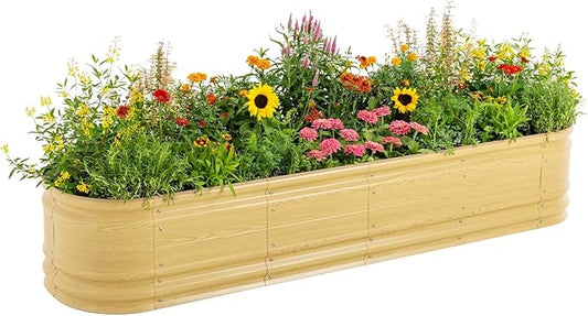 Vego garden 17" Tall 9 in 1 Novel Wooden-Look Metal Raised Garden Bed Kits Modular Planter Beds with 2 in 1 Wrench & Magnetic Plant Tags for Vegetables Flowers, Sunlit Oak