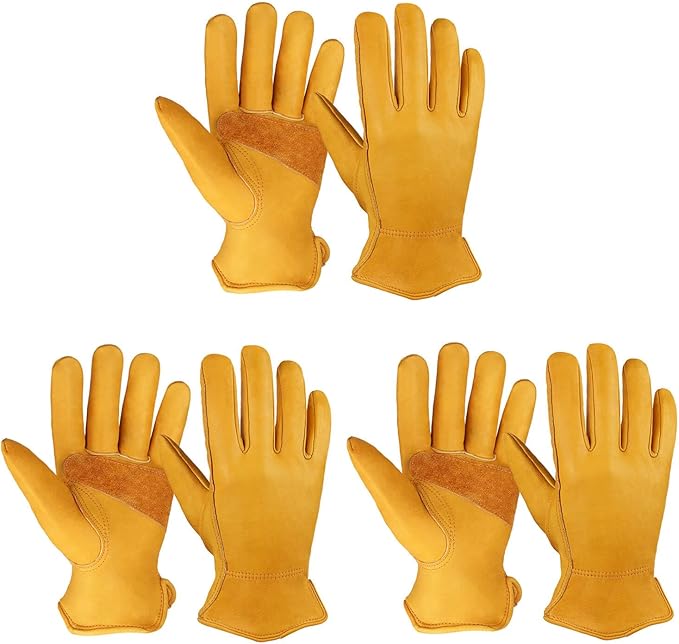 OZERO Leather Work Gloves for Men: 3 Pairs Cowhide Working Gloves Abrasion Resistant Driver Glove for Heavy Duty Yard Work DIY Women Gardening Glove Gold Large