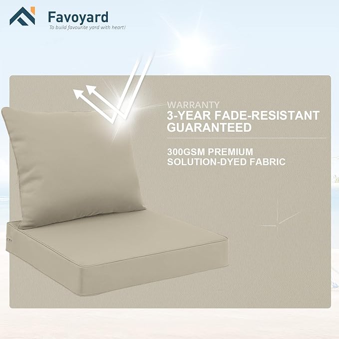 Favoyard Outdoor Seat Cushion Set 22 x 24 Inch Waterproof & Fade Resistant Patio Furniture Cushions with Removable Cover Deep Seat & Back Cushion with Handle and Adjustable Straps for Chair Sofa Couch