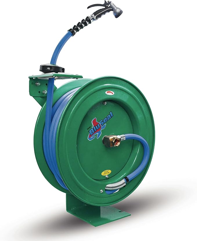 Auto Retractable Water Hose Reel with Hot & Cold Water Rubber Garden Hose, Spray Nozzle - Ultra Light, Super Strong with 6' Lead-in Hose (3/4” x 50’ Green)