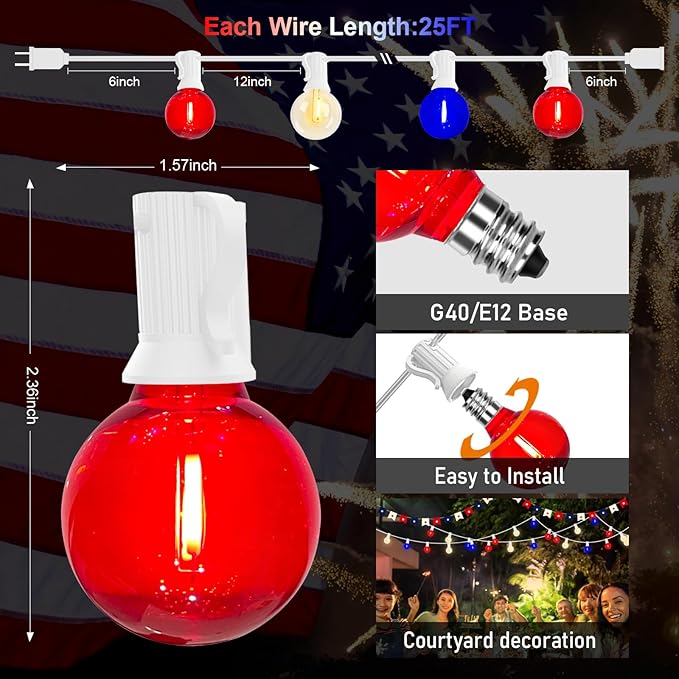 25Ft Independence Day LED String Lights, Waterproof Patio Light with 25 G40 LED Clear/Red/Blue Bulbs, Connectable Hanging Independence Day String Lights for Indoor Outdoor Garden Backyard Porch