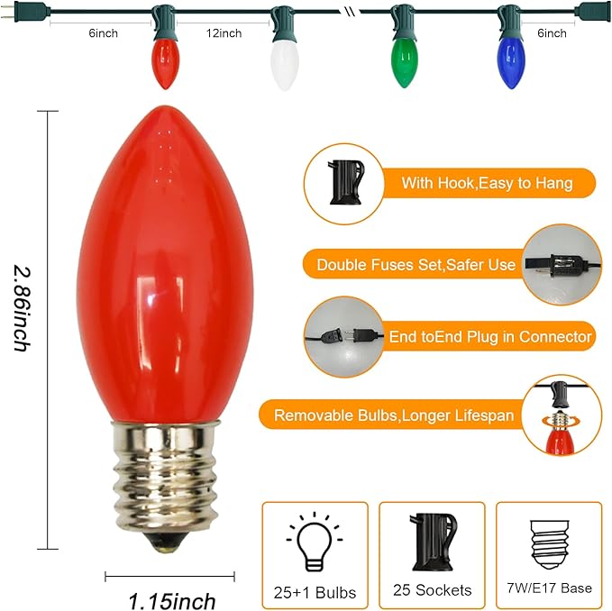 C9 LED Christmas Lights,25FT Vintage C9 Multicolor Christmas Lights Outdoor with 26 Colorful Ceramic LED Bulbs,Connectable Waterproof Christmas Lights for Outdoor Christmas Decorations Tree Garden Gar