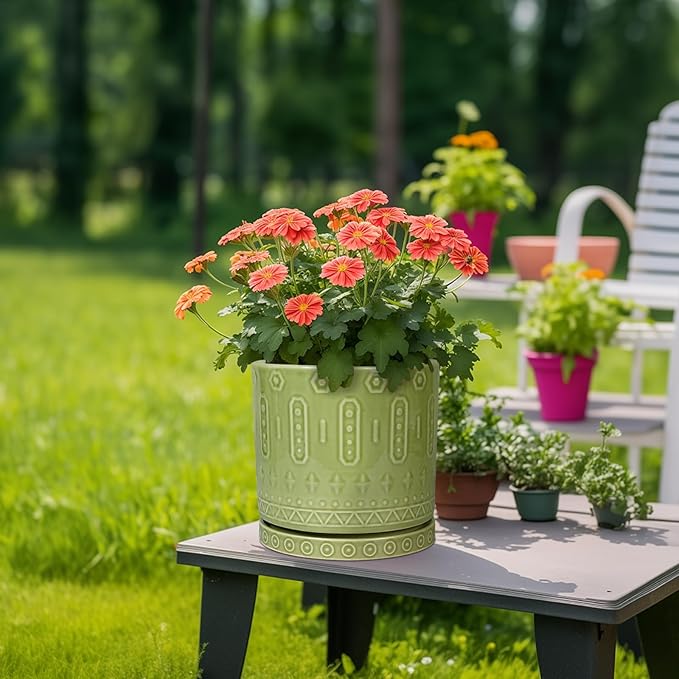 Ceramic Pot for Plants - 10 Inch Indoor Plant Pots with Drainage Holes and Saucer, Boho Round Planter Outdoor, Decorative Large Planter for Flower, Living Room Decor, Garden Gifts, Green