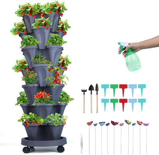 Vertical Planter, 7 Tier Stackable Strawberry Planter with Garden Tool Set, Movable Indoor/Outdoor Garden Herb Pot for Growing Vegetables and Succulents, Dark Gray