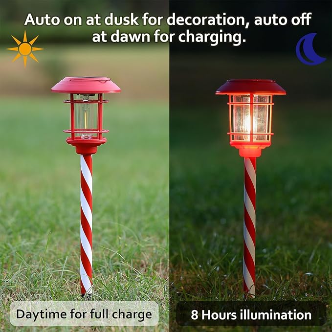 Dynaming 6 Pack Dual Use Solar Christmas Path Lights Outdoor, Hanging Lantern Solar Garden Light with Edison Bulb, Xmas Pathway Markers, Auto On/Off Candy Cane Lights for Patio Yard Walkway Driveway