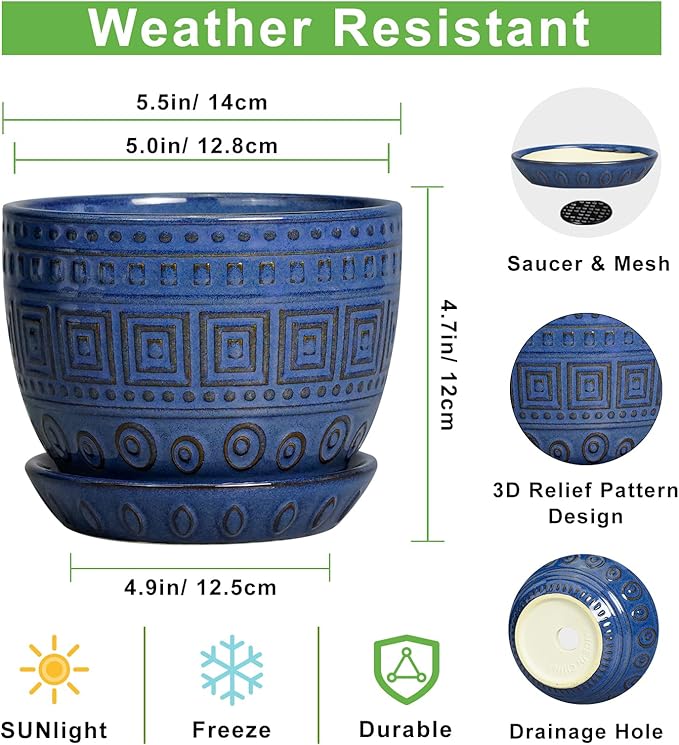 G EPGardening Plant Pots Indoor 5 Inch - Ceramic Pot for Plants with Drainage Hole and Saucer Round Planter Outdoor Modern Flower Pot Home Office Decor Blue