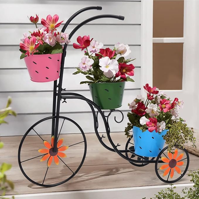 BAYN Bicycle Planter Stand, Metal Flower Pot Cart Holder with 3 Plant Bucket Outdoor Decorative for Patio, Deck, Garden or Lawn