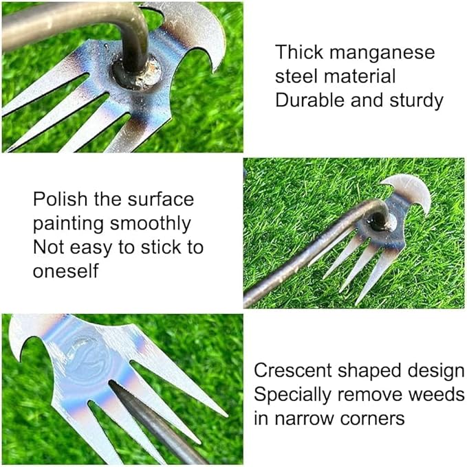 Weed Removal Tool, 2025 New Garden Weeding Tools Manganese Steel Hand Weeder Tool with Handle, 4 Teethes Dual Purpose Manual Weeders Tool Weed Pulling Tool for Garden (Wooden Handle)