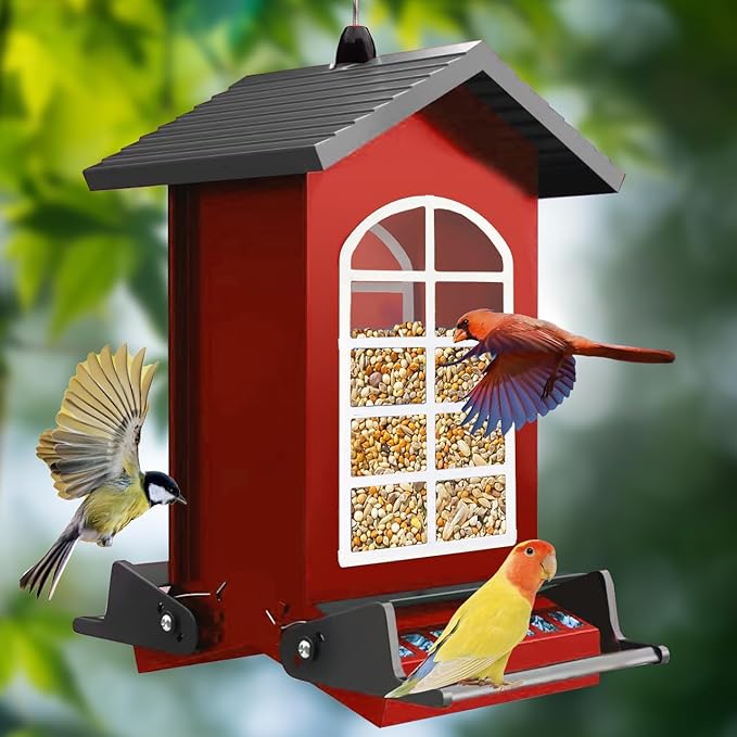 Bird Feeder Squirrel Proof Metal Hanging for Outdoor Wild Bird Seed, 5LBS with Bilateral Weight-Activated Perches, Heavy Duty Bird Feeders for Outside Wild Bird - Red