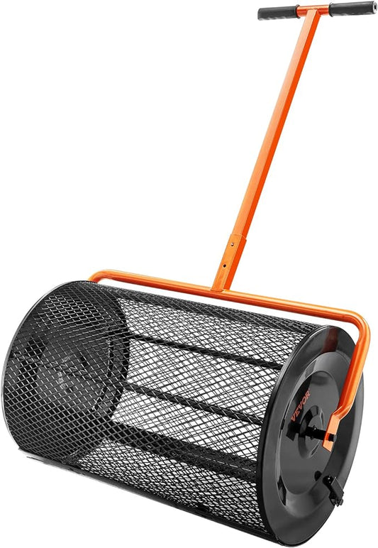 VEVOR Compost Spreader, 24.4-25.6" Height Adjustable Handle, 24" Wide, Lawn and Garden Peat Moss Roller with Side Latches, Powder Coated Steel Mesh Basket for Spreading Manure, Topsoil, Black