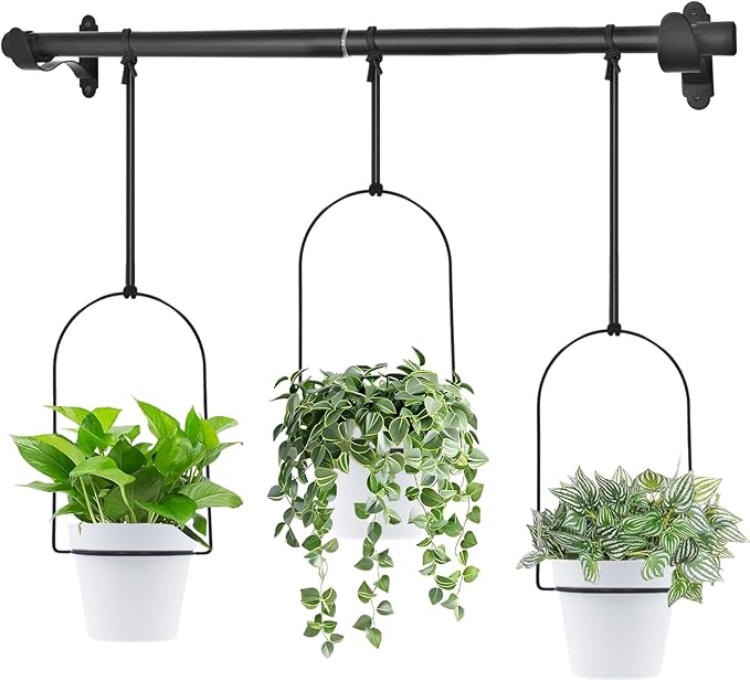 DOUBFIVSY Hanging Planters for Indoor Plants Plant Hanger, Adjustable Hanging Window Planter Hanging Wall Planter for Garden, 25in Plant Shelves Metal Holder Rod with Pots (Black)
