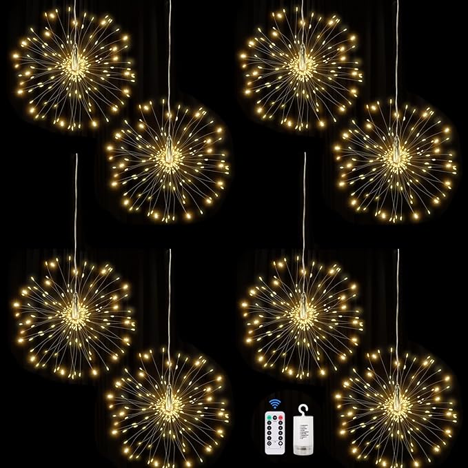 FOOING 8 Pack Firework Lights Led Copper Wire Star String Lights 8 Modes Battery Operated Fairy Lights with Remote,Wedding Decorative Hanging Light for Party Patio Garden Decoration