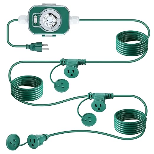 Feekoon 40 FT Extension Cord Splitter with Timer and 3 Outlet Plug, 16awg SJTW Outdoor Extension Cord with Multi Outlet Safety Cover for Holiday Lights Garden Patio Christmas Outdoor Decorations
