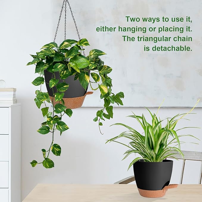 10/9/8 Inch Hanging Planter for Indoor Outdoor Plants, 3 Pack Self-Watering Hanging Pot with Drainage Holes Hanging Planter Baskets Plant Pots with Removable Tray (Black+Brown)